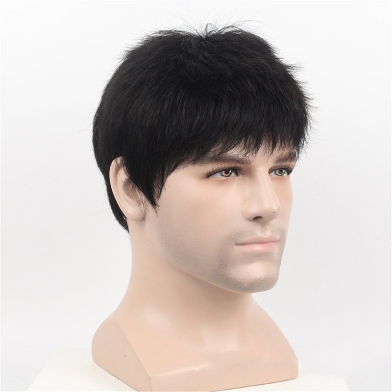 Remeehi Manly Short Fluffy Straight Full Bang None Lace Machine Made Real Human Hair Wig For Men Nature Black - Image 2